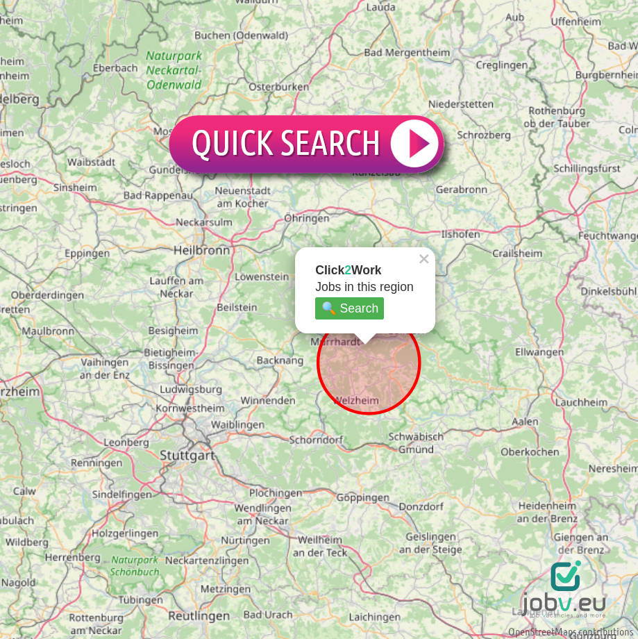 Click2Work — quickly search for jobs within a 10 km radius of any location on the map in just two clicks Click2Work — search for jobs in Germany on a map